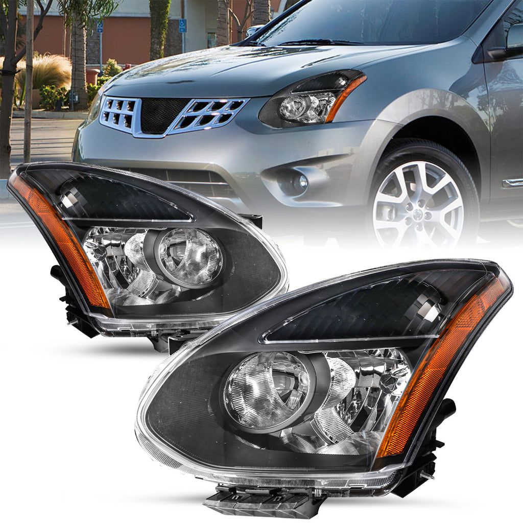Headlights Assembly For 2008-2013 Nissan Rogue Black Headlamps Lights Left+Right