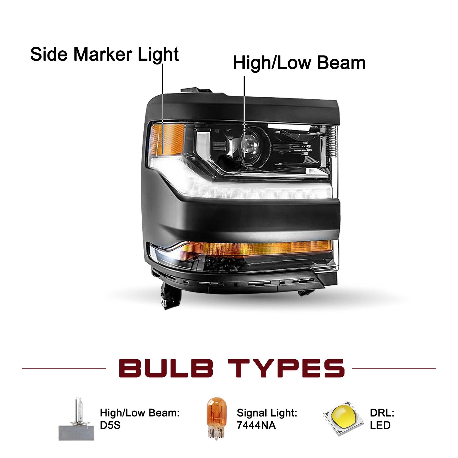 HID/Xenon Headlight For 2016-2018 Chevy Silverado 1500 Headlamp Right Side RH