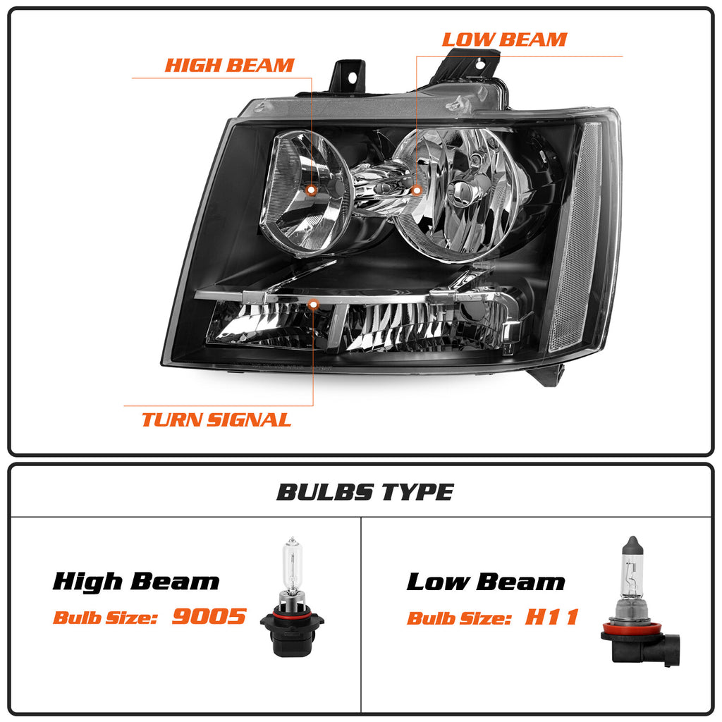 Pair Headlights For Chevy Avalanche Suburban Tahoe 2007-2014 Black Halogen Sets