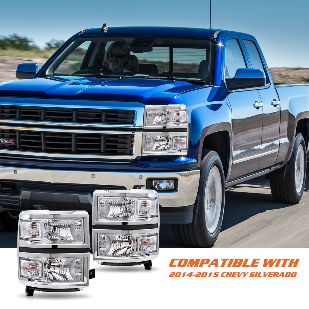 Chrome Headlights For 2014-2015 Chevy Silverado 1500 Headlamps Assembly Sets