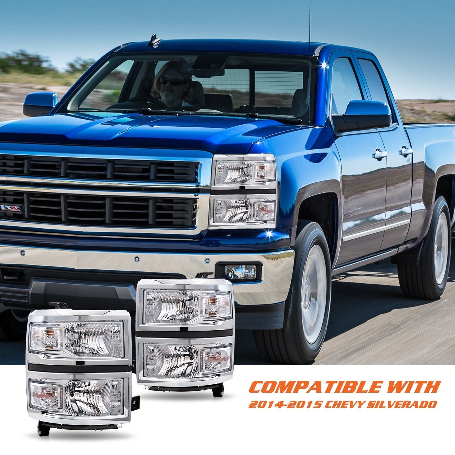 Chrome Headlights For 2014-2015 Chevy Silverado 1500 Headlamps Assembly Sets
