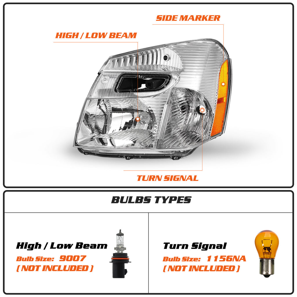 2Pcs Headlights For 2005-2009 Chevy Equinox Chrome Housing Headlamp 05-09 Pair