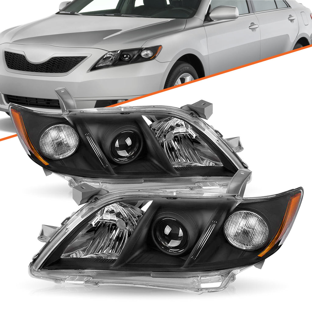 Headlights Assembly for 2007-2009 Toyota Camry Black Amber Headlamps 07-09 Pairs