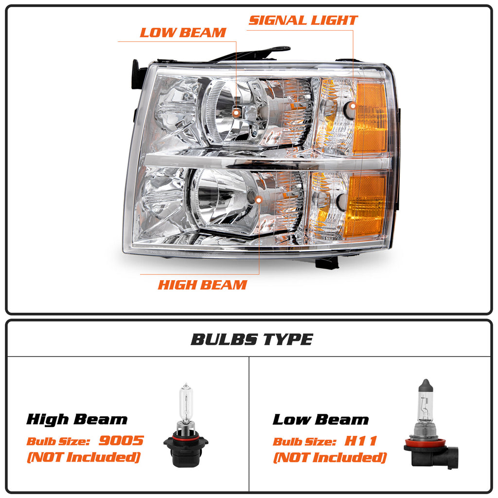 Chrome Headlights Assembly For 2007-2014 Chevy Silverado 1500 2500HD Left Driver