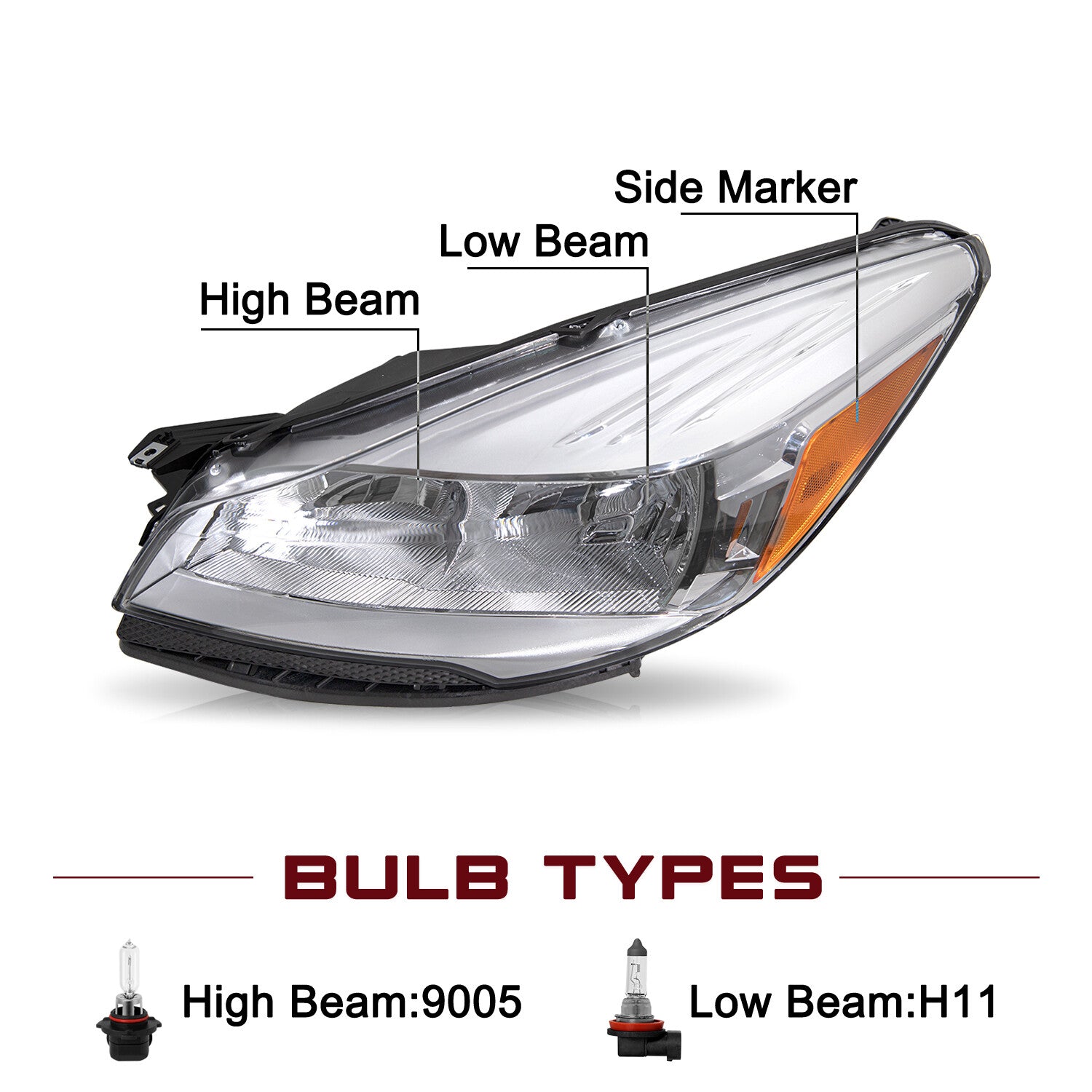 For 2013-2016 Ford Escape Halogen Chrome Left Driver Side Headlight Assembly