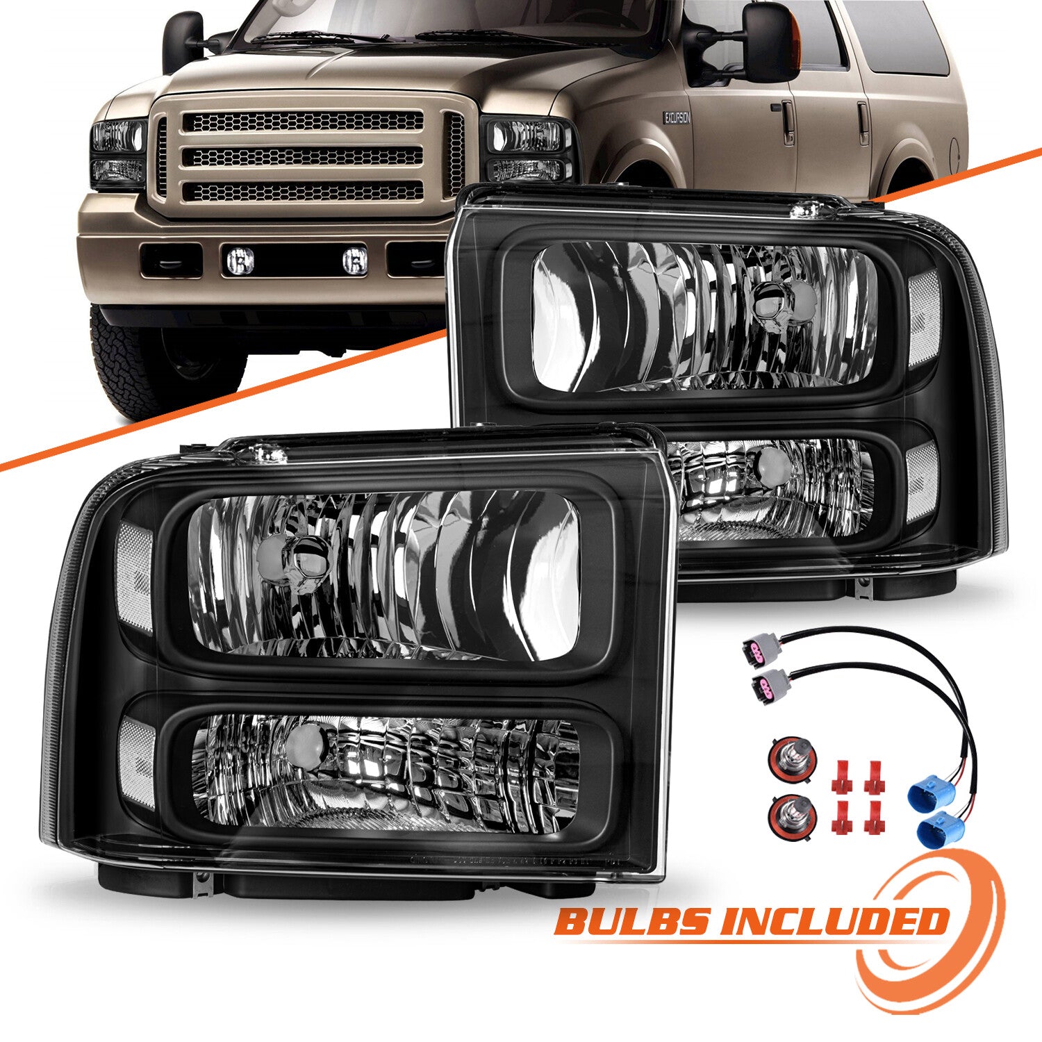 Fit 1999-2004 Ford F250 Ford Super Duty Excursion Conversion Headlights w/ Bulbs