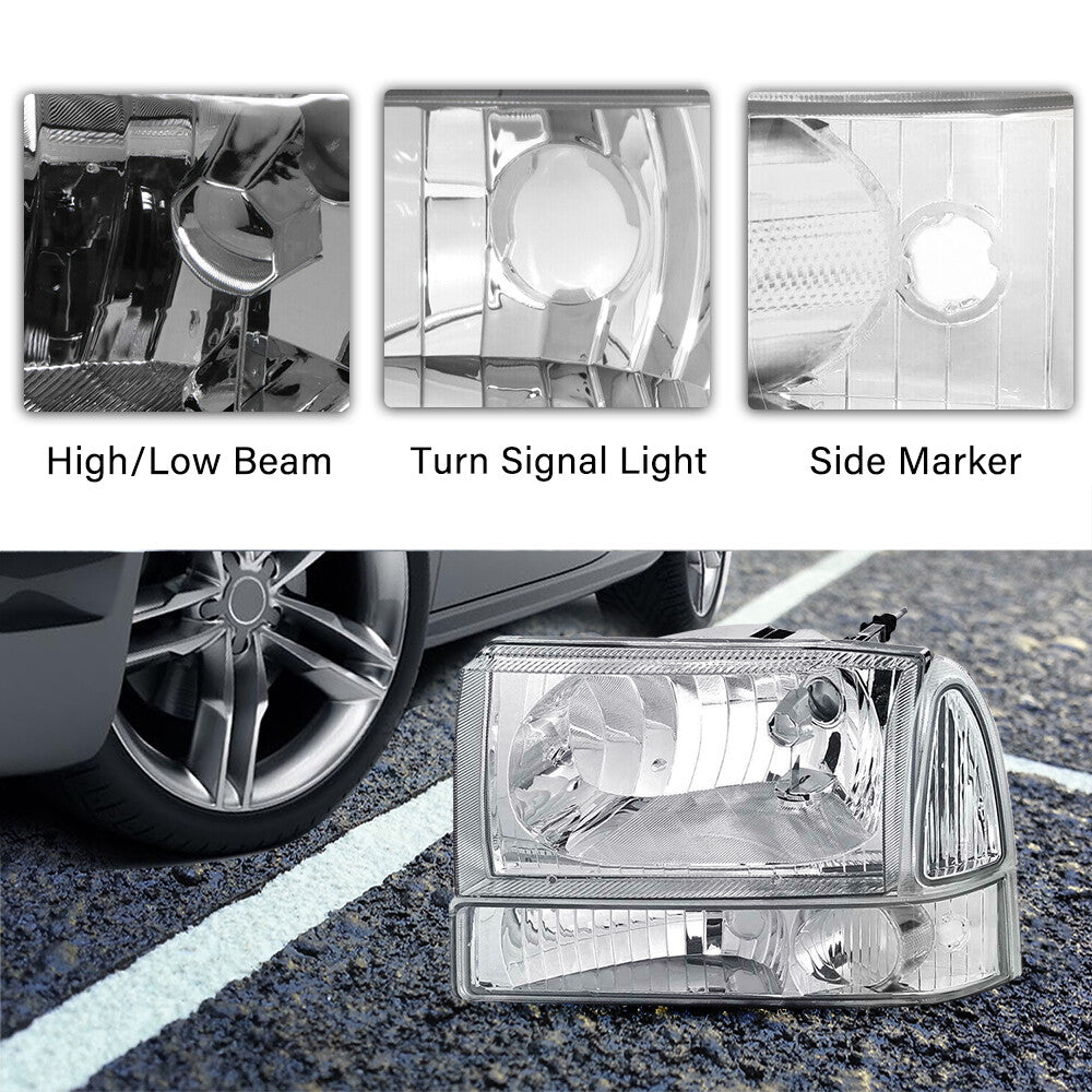 CHROME HOUSING CLEAR CORNER HEADLIGHT LAMPS FOR 99-04 FORD F250 F350 SUPER DUTY