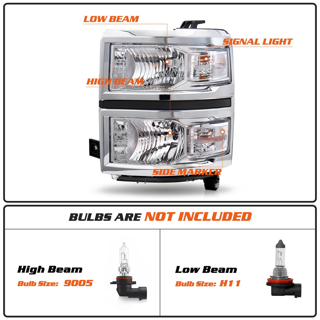 Chrome Headlights For 2014-2015 Chevy Silverado 1500 Headlamps Assembly Sets