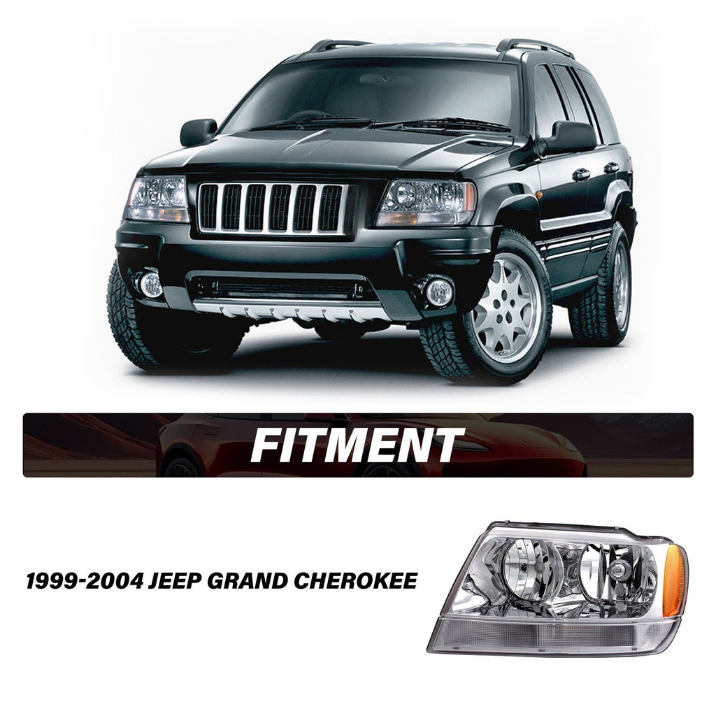 Pair Headlights For 1999-2004 Jeep Grand Cherokee Chrome Headlamps w/ Bulbs