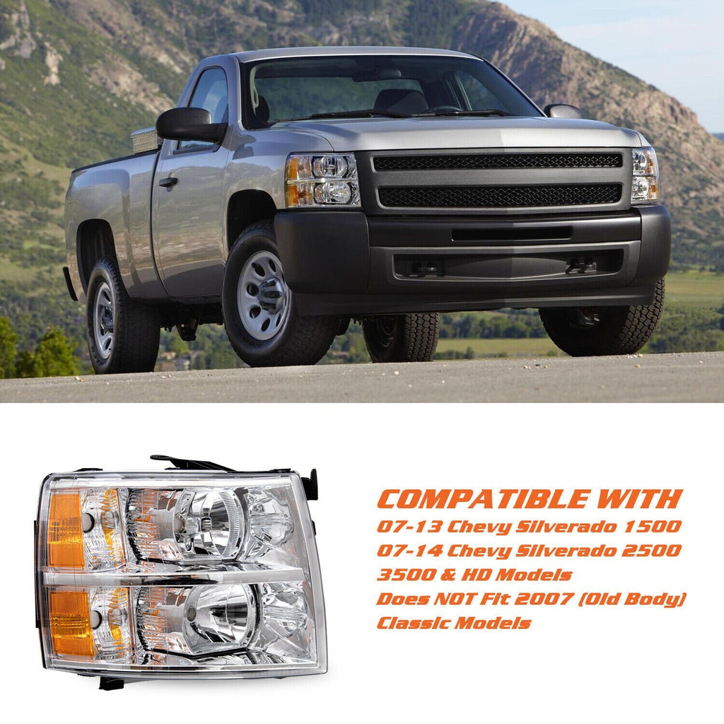 Chrome Headlight For 2007-2014 Chevy Silverado 1500 2500HD Halogen Headlamp