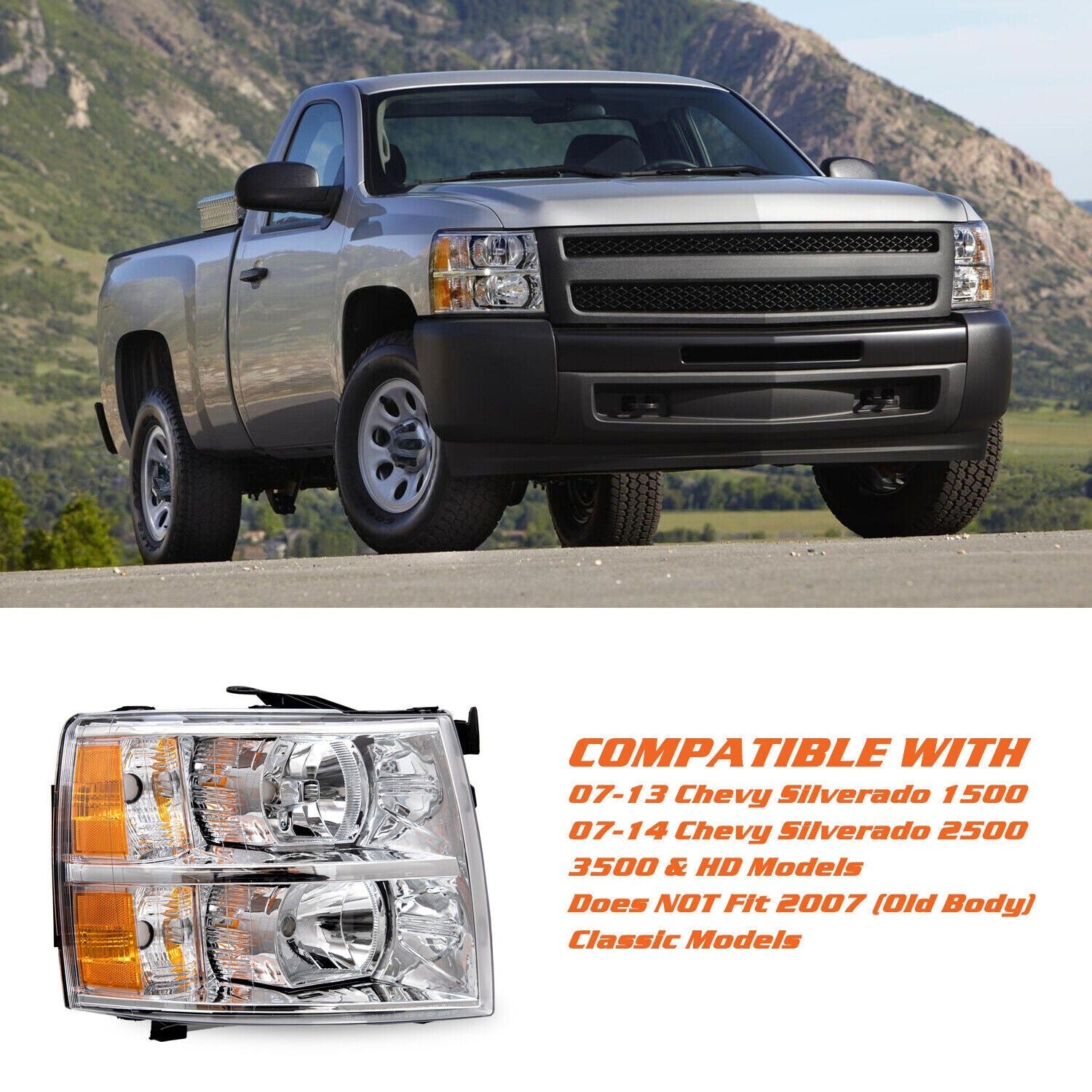 Chrome Headlight For 2007-2014 Chevy Silverado 1500 2500HD Halogen Headlamp