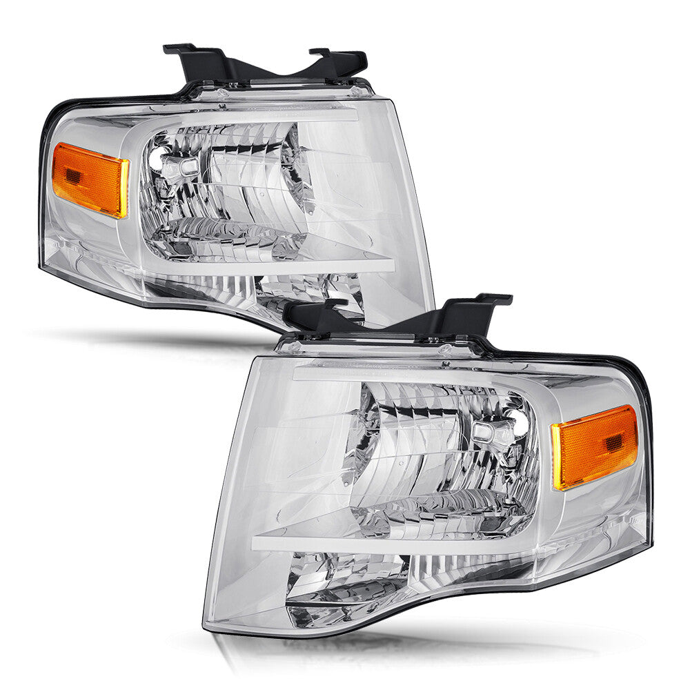 For 2007-2014 Ford Expedition Chrome Headlights Replacement Headlamps w/Bulbs
