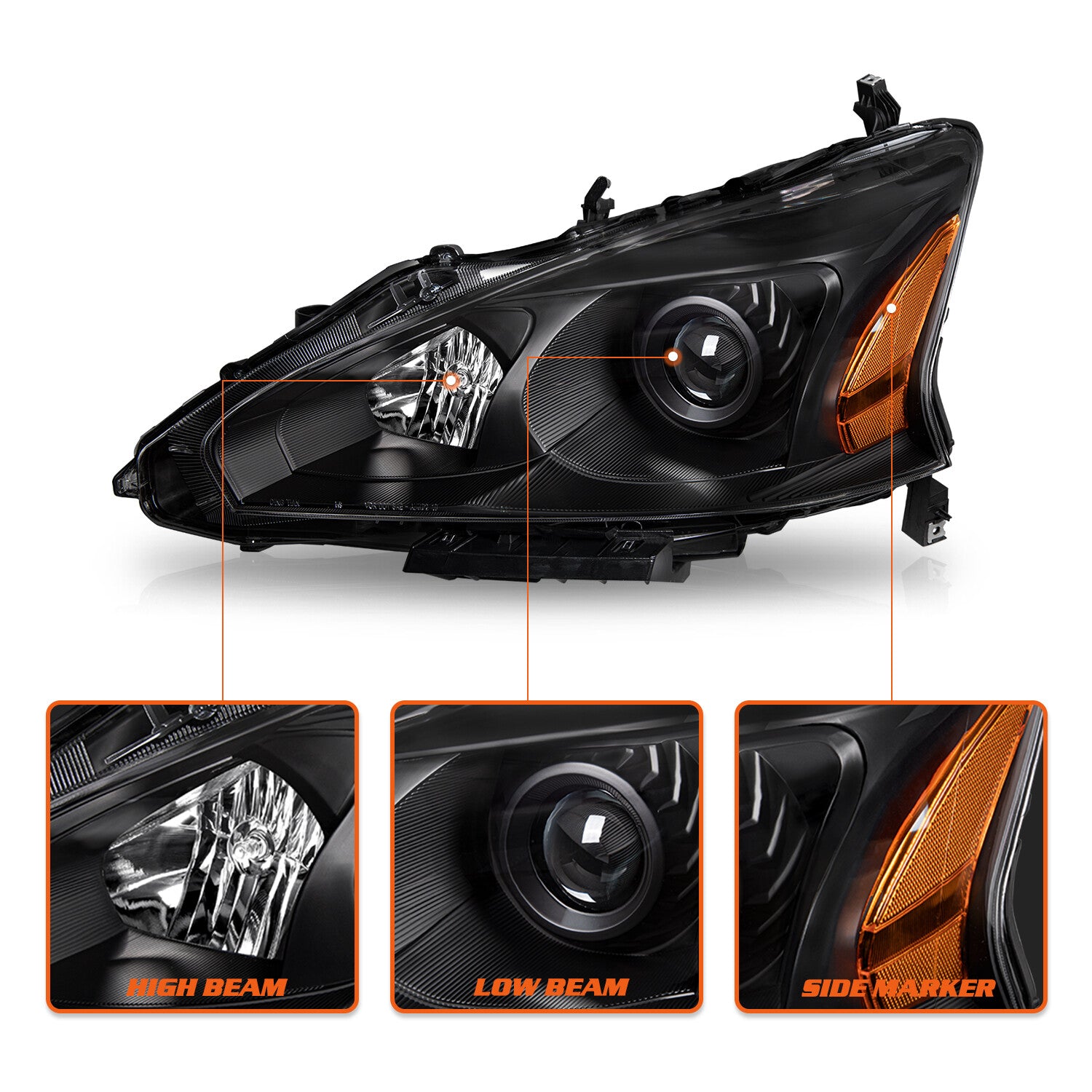 For 2013-2015 Nissan Altima 4-Door Sedan Black Projector Headlights Lamps Pair