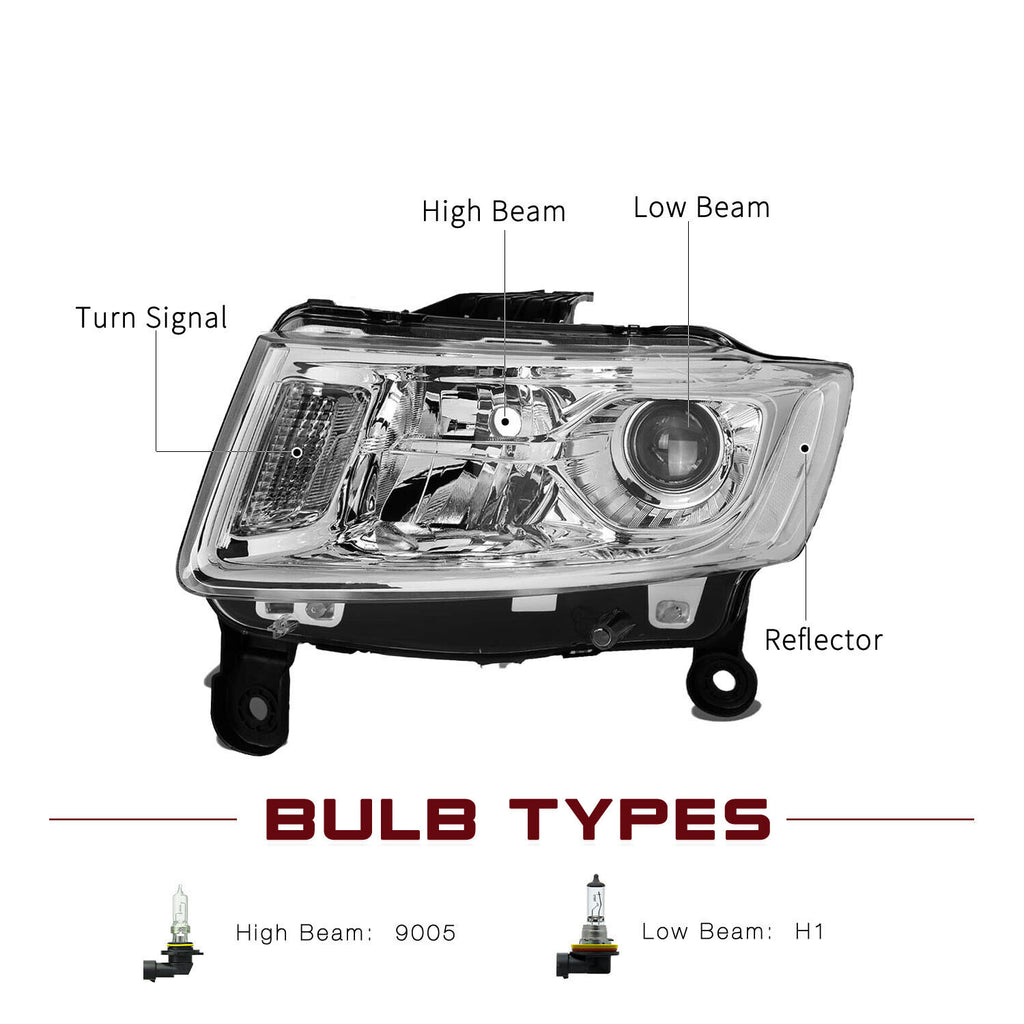 Chrome For 2014-2016 Jeep Grand Cherokee Projector Headlights Left+Right pairs