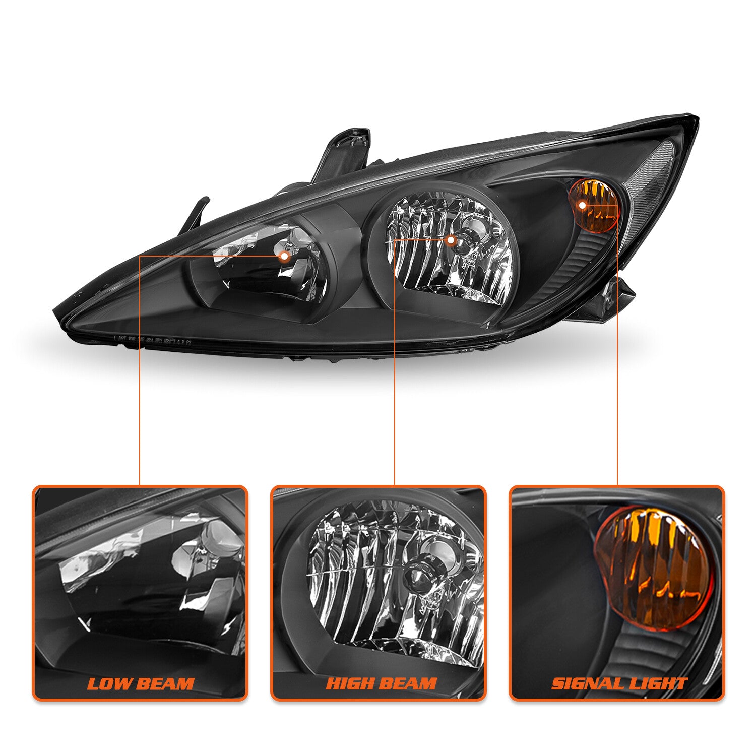 Black Clear Reflector Headlights Lamps Assembly LH RH For 2002-2004 Toyota Camry