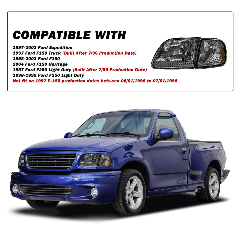 For 97-02 Expedition Ford 97-03 F150 Smoke Housing Amber Corner 4Pcs Headlights