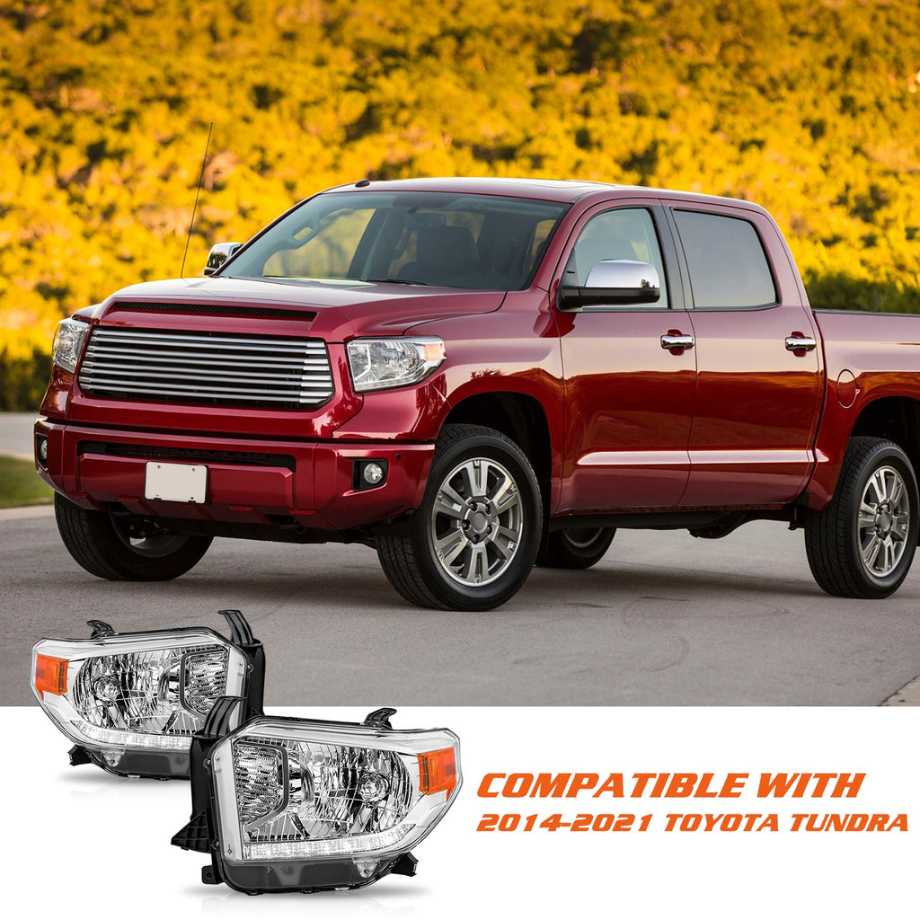 For 2014-2021 Toyota Tundra Headlights LED DRL Chrome Headlamp Pair Left+Right