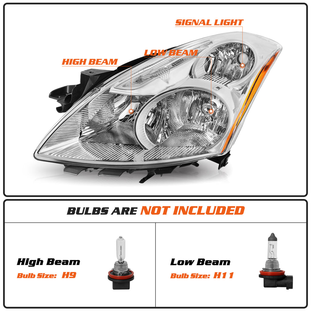 For 2010 2011 2012 Nissan Altima Sedan Chrome Halogen Headlights Headlamps LH+RH