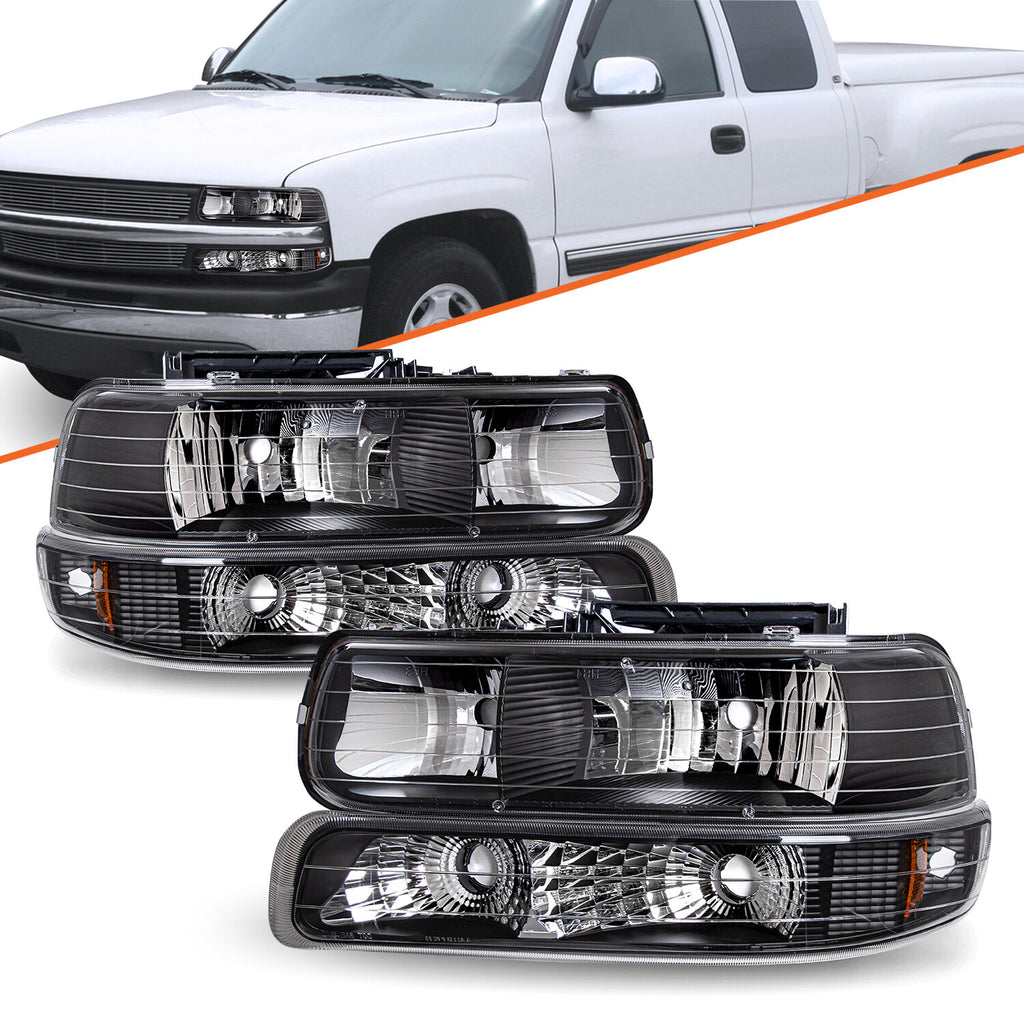 For 1999-2002 Chevy Silverado/00-06 Tahoe Suburban Black Headlights&Bumper Lamps