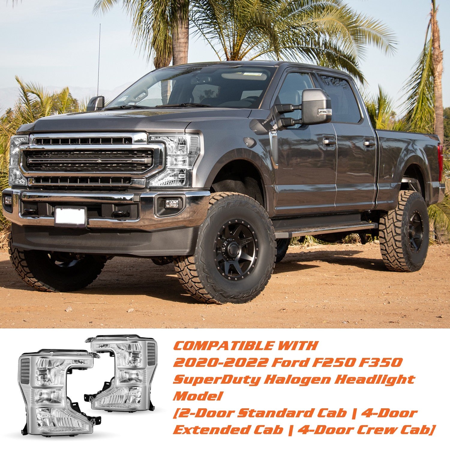 For 2020-2022 Ford F250 F350 SuperDuty Halogen Chrome Headlights Headlamps