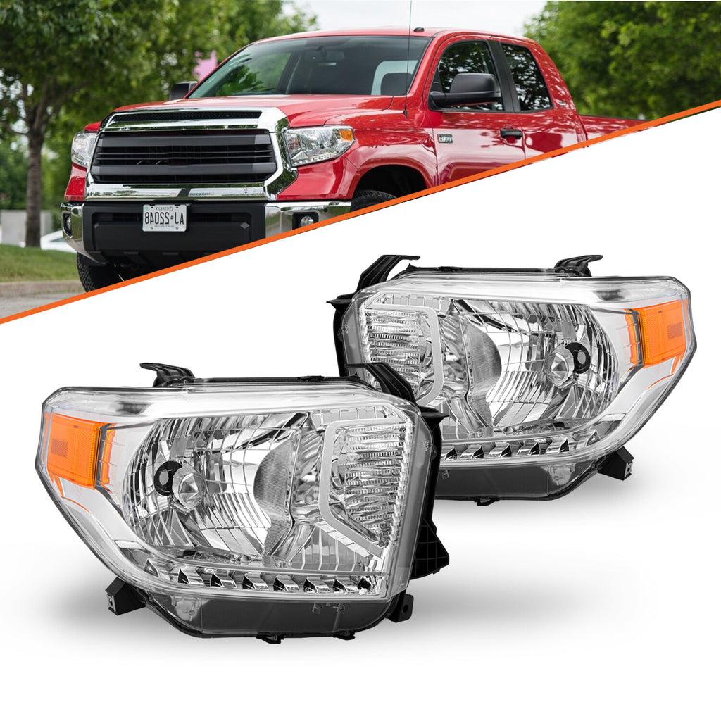 For 14-17 Toyota Tundra Chrome Headlights Assembly w/o Level Adjuster Lamps L+R