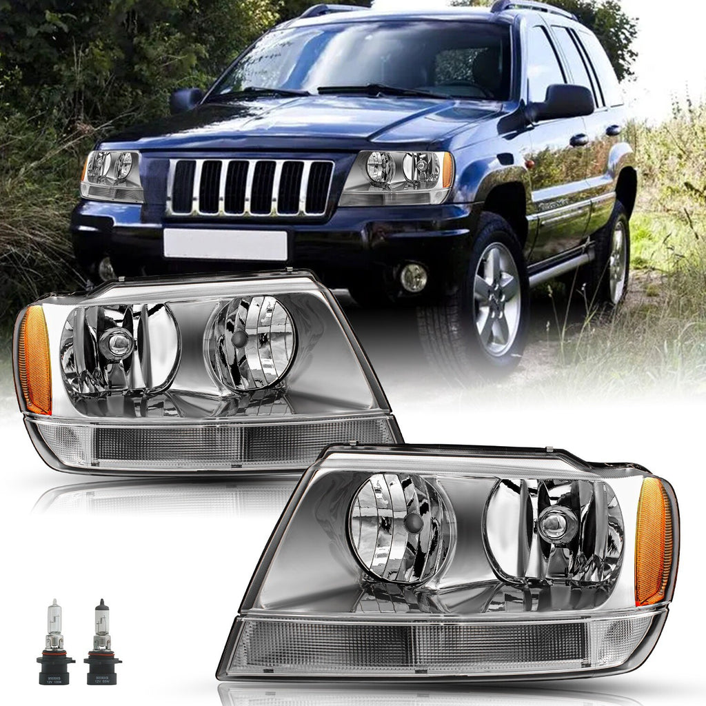 Pair Headlights For 1999-2004 Jeep Grand Cherokee Chrome Headlamps w/ Bulbs