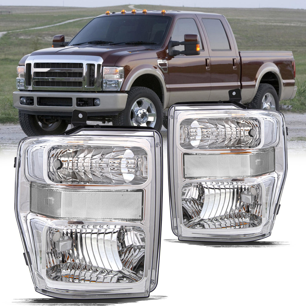 Front Headlights for 2008-2010 Ford F250 F350 Super Duty Chrome Housing Headlamp