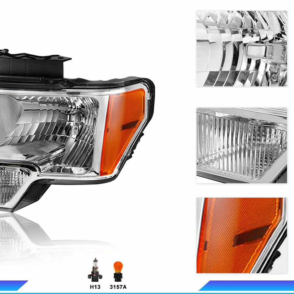For 2009-2014 Ford F-150 F150 Pickup Chrome Headlights Assembly Lamps W/Bulb