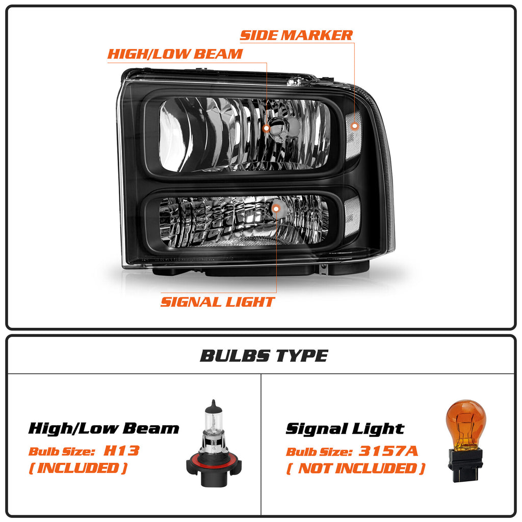 Fit 1999-2004 Ford F250 Ford Super Duty Excursion Conversion Headlights w/ Bulbs