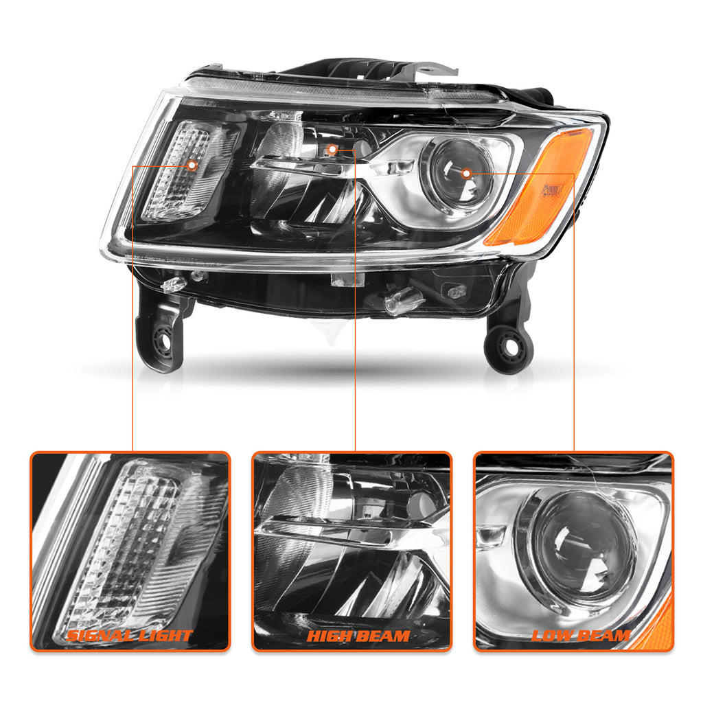 Left Driver Headlight For Jeep Grand Cherokee 2014-16 Halogen HeadLamp Assembly