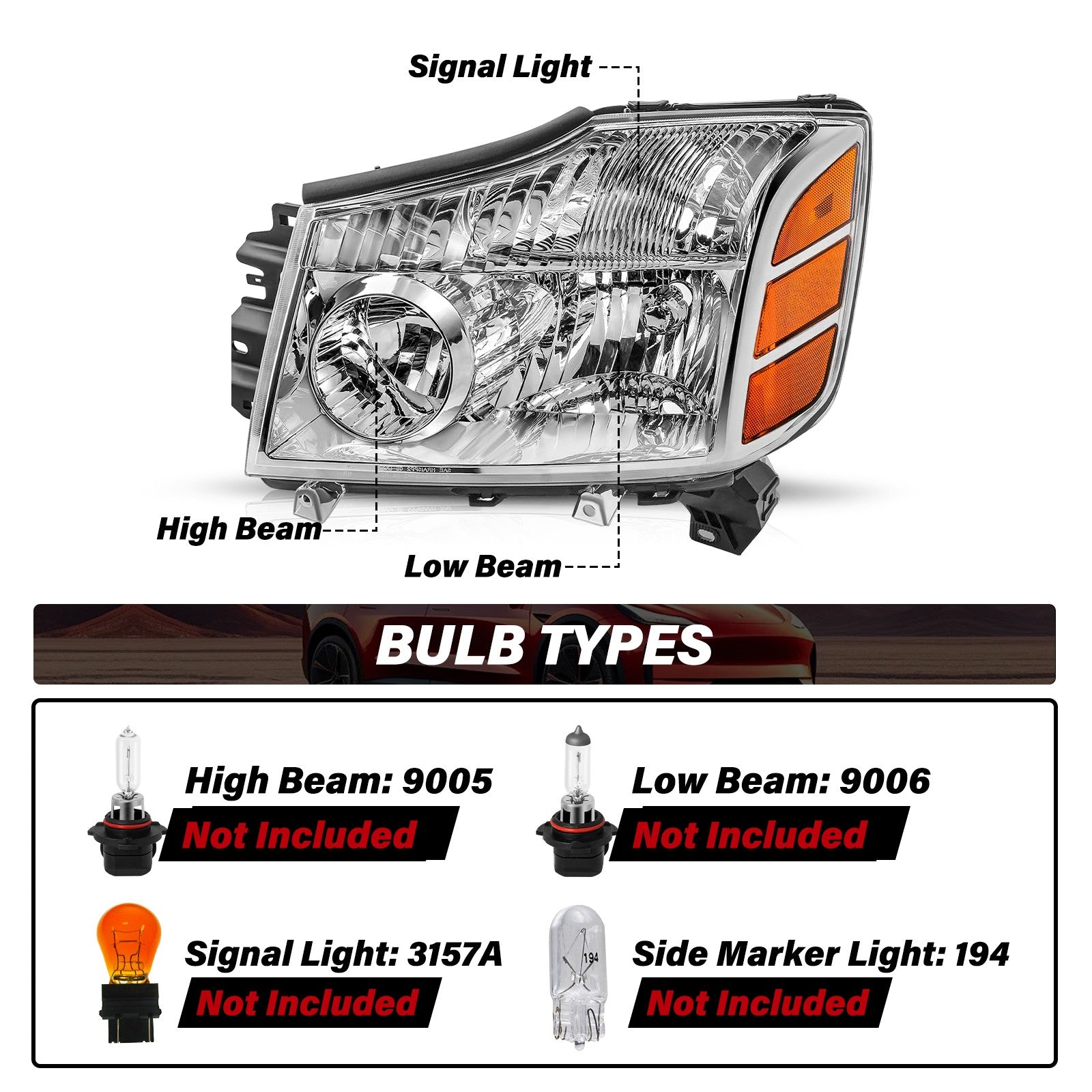 For 2004-2015 Nissan Titan/2004-2007 Armada Chrome Headlights Amber Corner Lamps