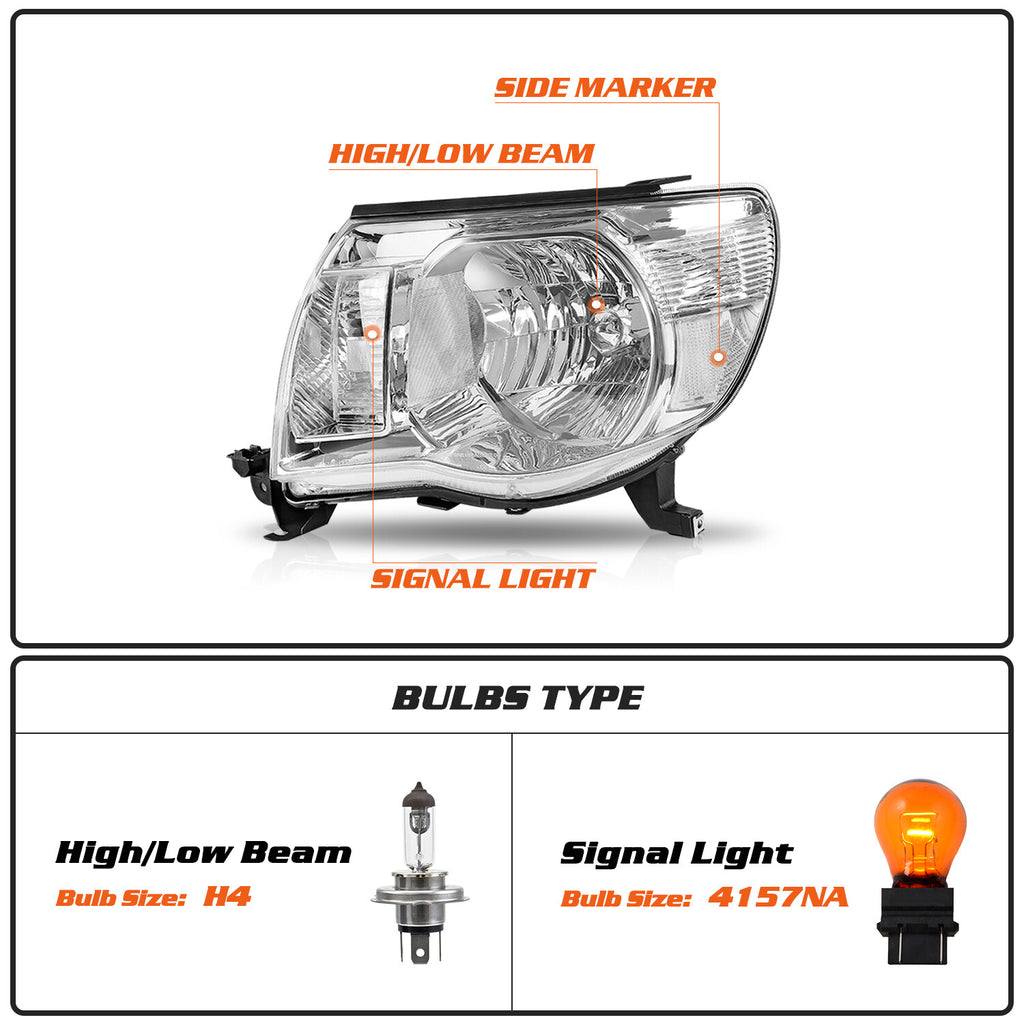 For 2005-2011 Toyota Tacoma Chrome Clear Corner Headlights Assembly Lamps Pair