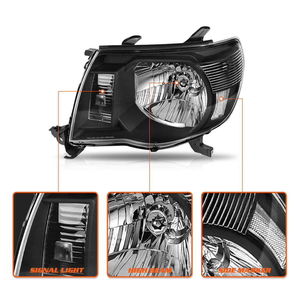For 2005-2011 Toyota Tacoma Black Headlights Clear Corner Headlamps Left+Right