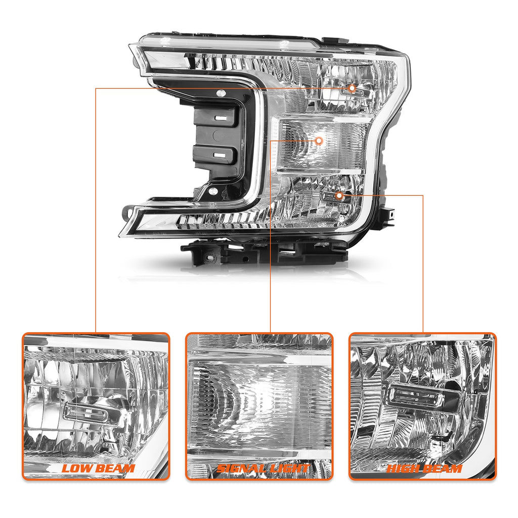 Chrome Clear Headlights Pair Lamps for 2018 2019 2020 Ford F150 Pickup Truck