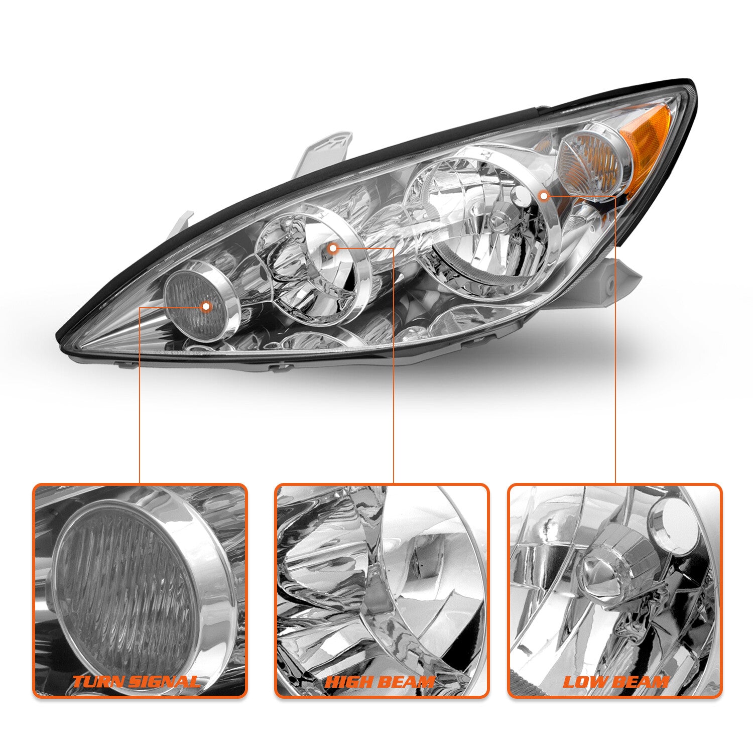 For 2005 2006 Toyota Camry Driver Side Headlamp Chrome Amber Halogen Headlight
