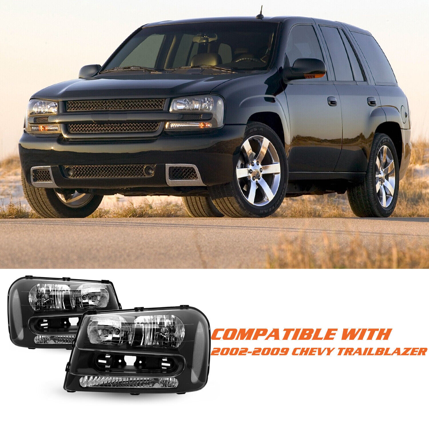 For 2002-2009 Chevy Trailblazer Black Clear Corner Headlight w/ Bulb LH+ RH Sets