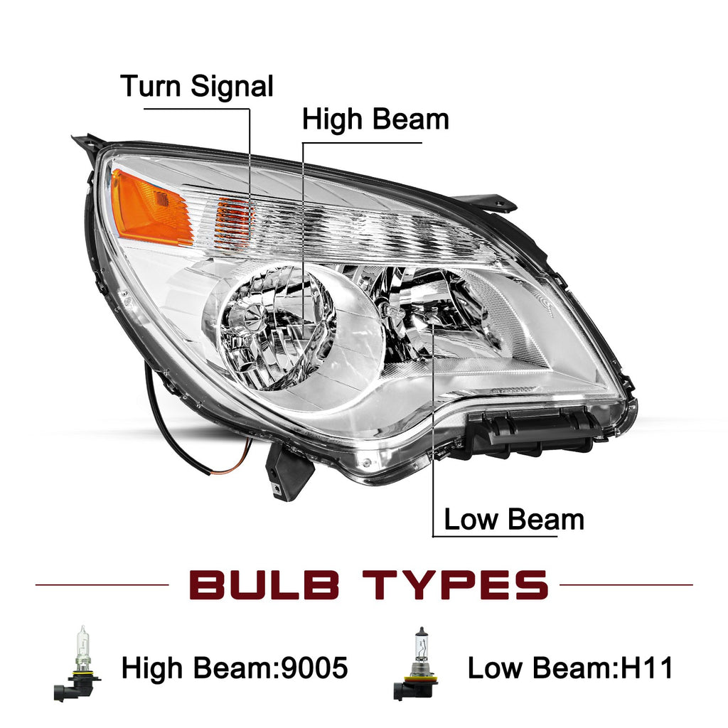 For 2010-2015 Chevy Equinox LS / LT Halogen Chrome Headlights LH+RH w/ Bulbs