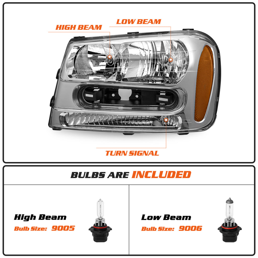 Headlights For 2002-2009 Chevy Trailblazer Ext Chrome Amber Corner lamps 02-09