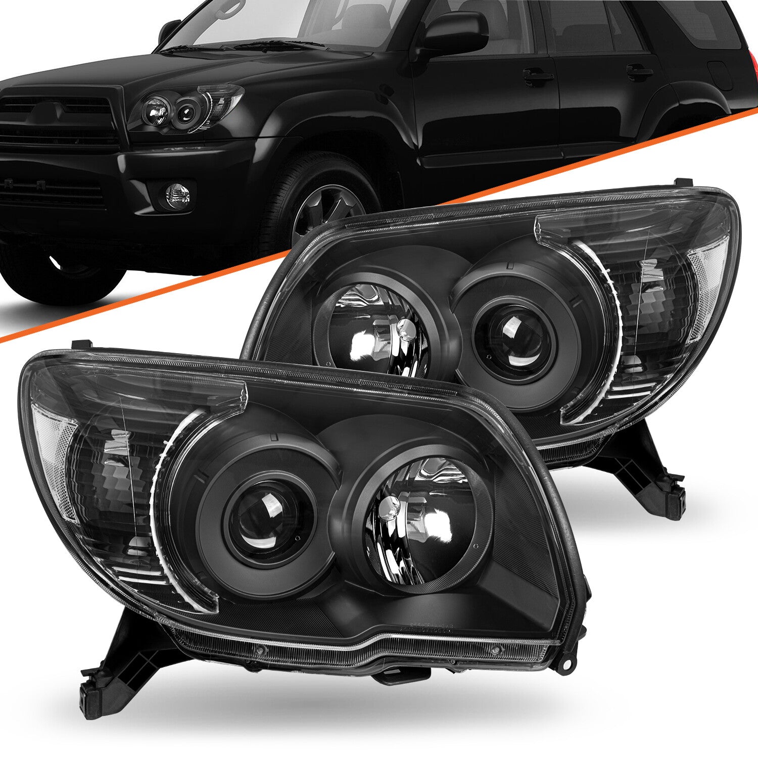 For 2006-2009 Toyota 4Runner Black Headlights Assembly Clear Corner Lamps L+R
