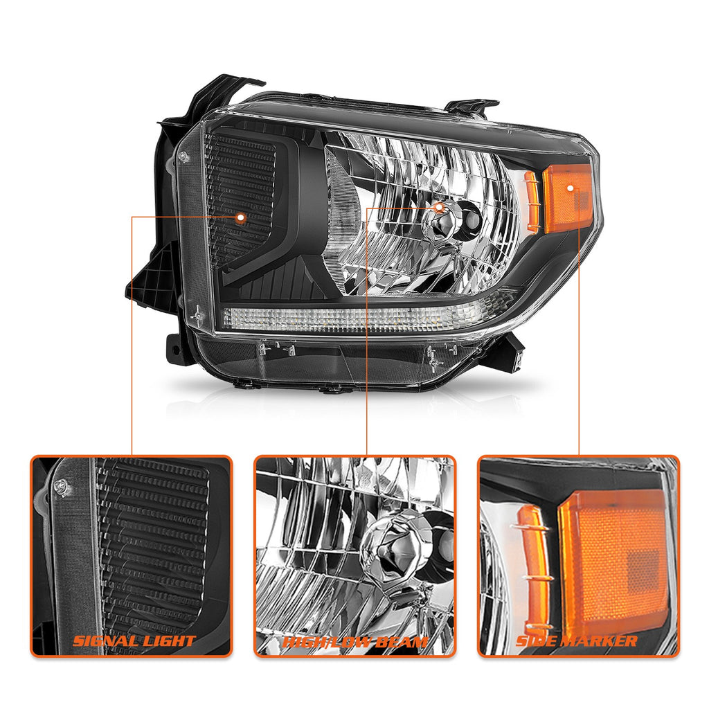 For 2014-2021 Toyota Tundra Headlight Halogen w/LED DRL Headlamp Assembly Black