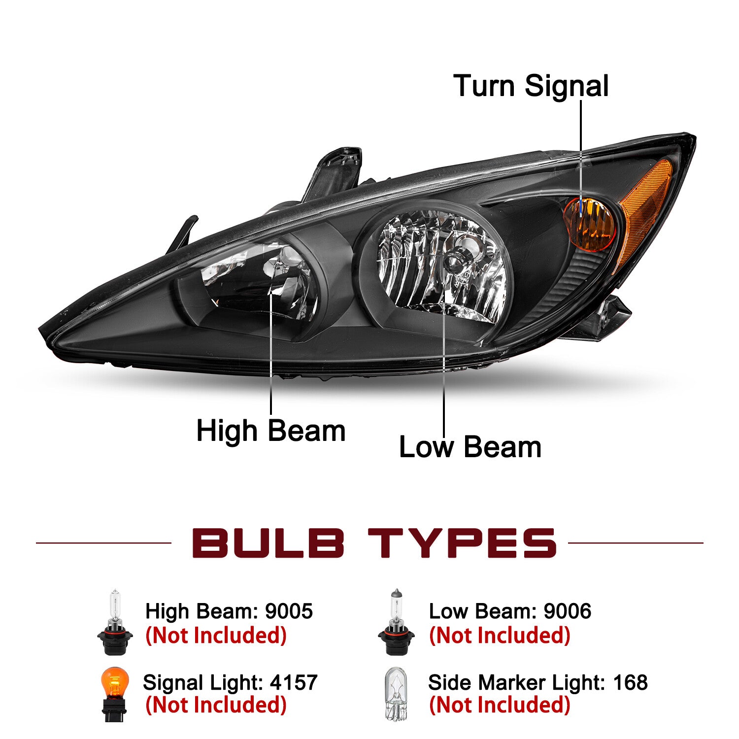 For 2002 2003 2004 Toyota Camry Black Amber Reflector Headlights Assembly Pair