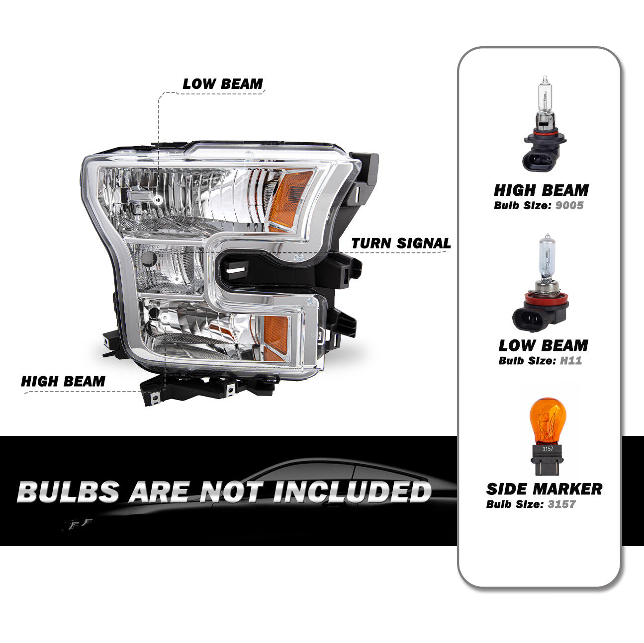 For 2015 2016 2017 Ford F-150 Passenger Right Side Halogen Headlight LampW/Bulbs