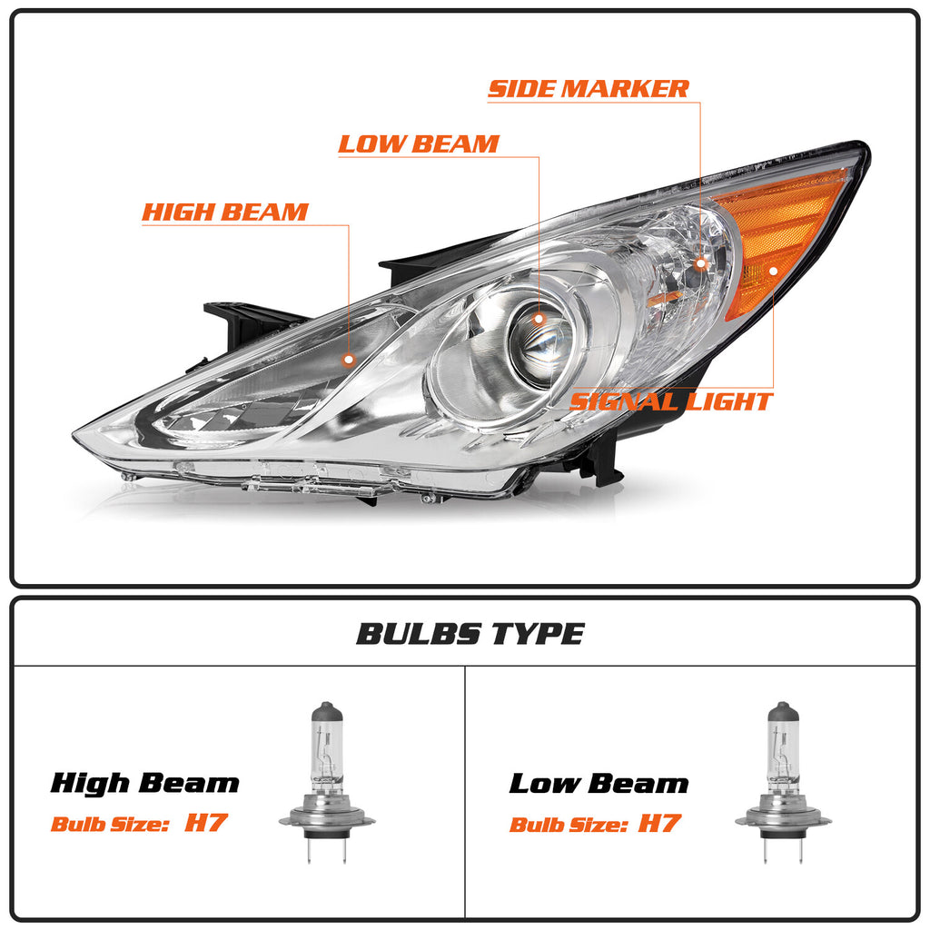 For 2011-2014 Hyundai Sonata Chrome Housing Amber Corner Headlights Headlamps