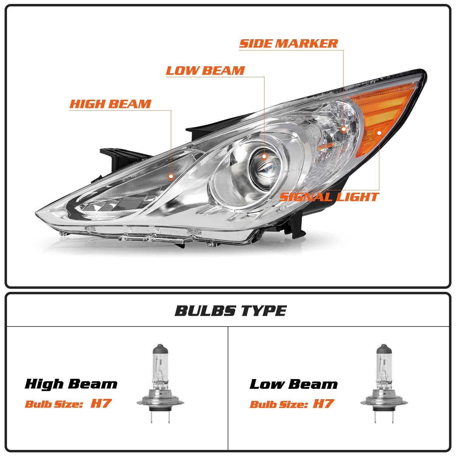 For 2011-2014 Hyundai Sonata Chrome Housing Amber Corner Headlights Headlamps