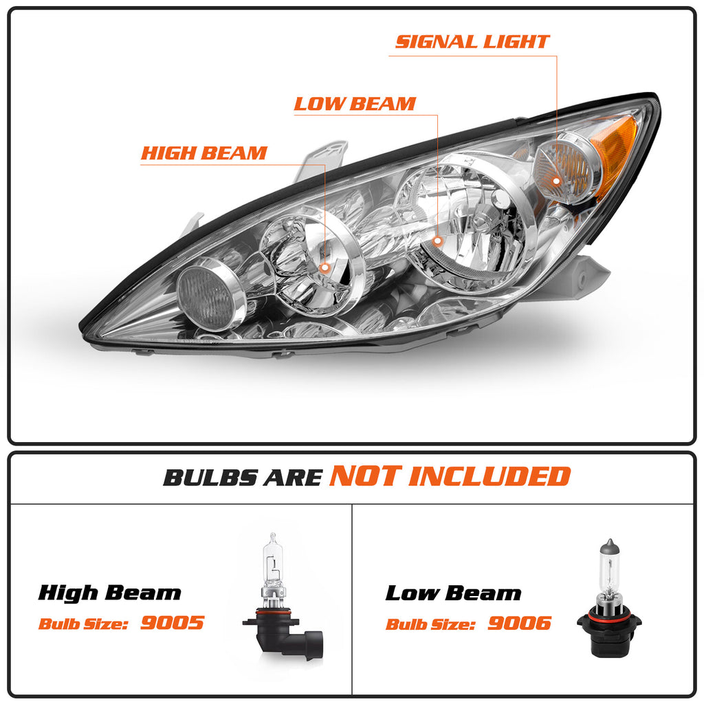For 2005 2006 Toyota Camry Driver Side Headlamp Chrome Amber Halogen Headlight