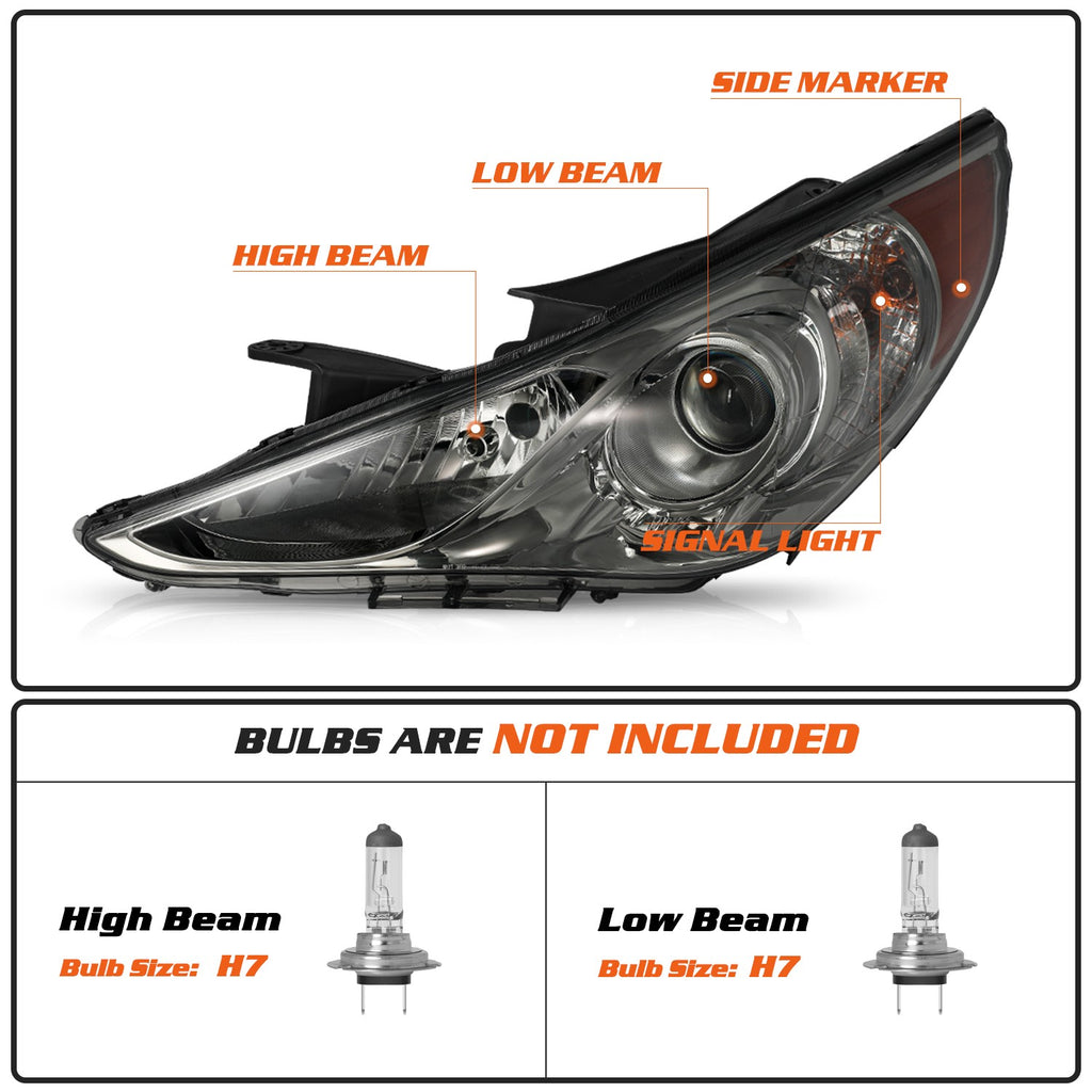 For Hyundai Sonata 2011-2014 Smoke Project Housing Amber Headlamps Headlight Set