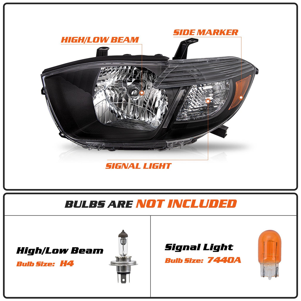For 2008 2009 2010 Toyota Highlander Black Housing Headlights Lamps L+R Pair