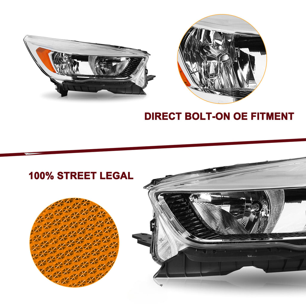 For 2017-2019 Ford Escape Halogen w/o LED DRL Chrome Headlights Headlamps L+R