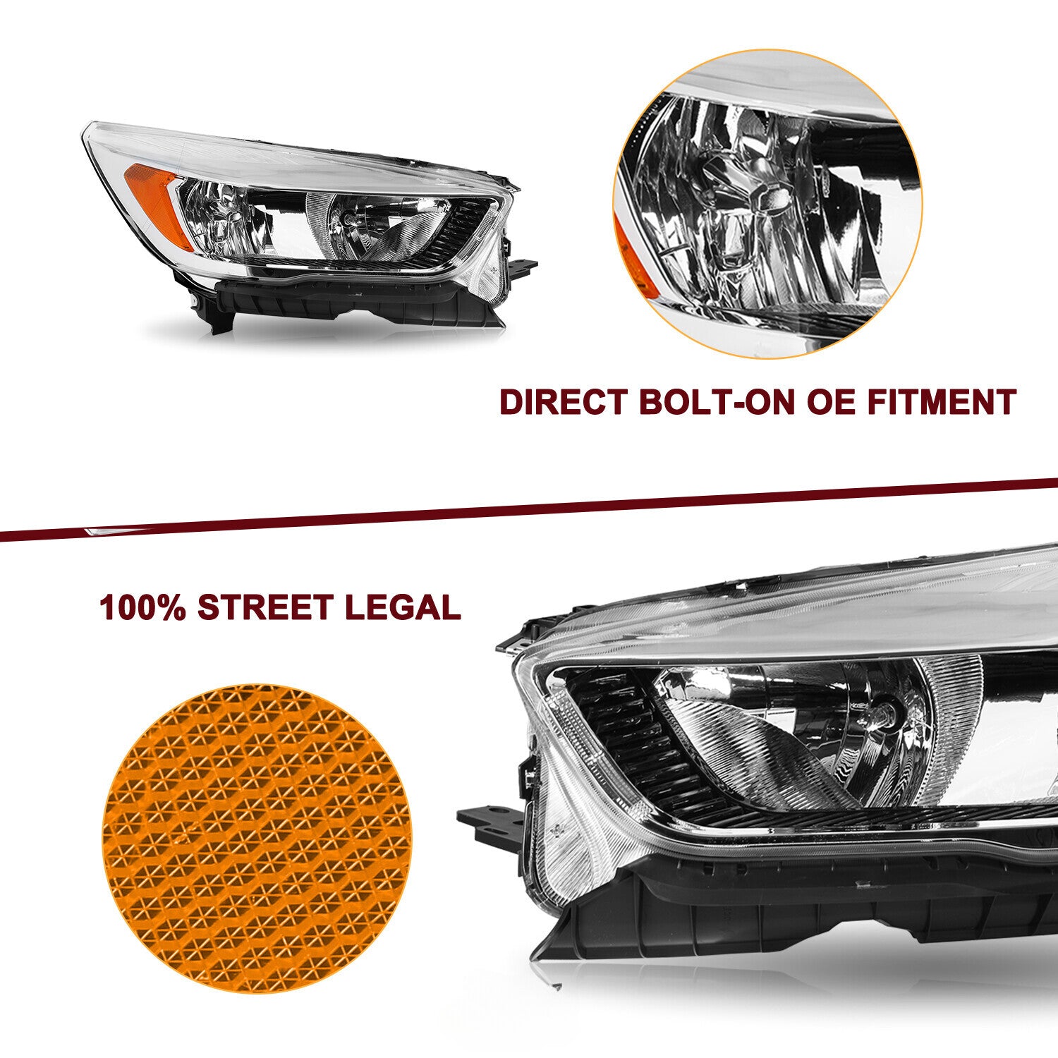 For 2017-2019 Ford Escape Halogen w/o LED DRL Chrome Headlights Headlamps L+R