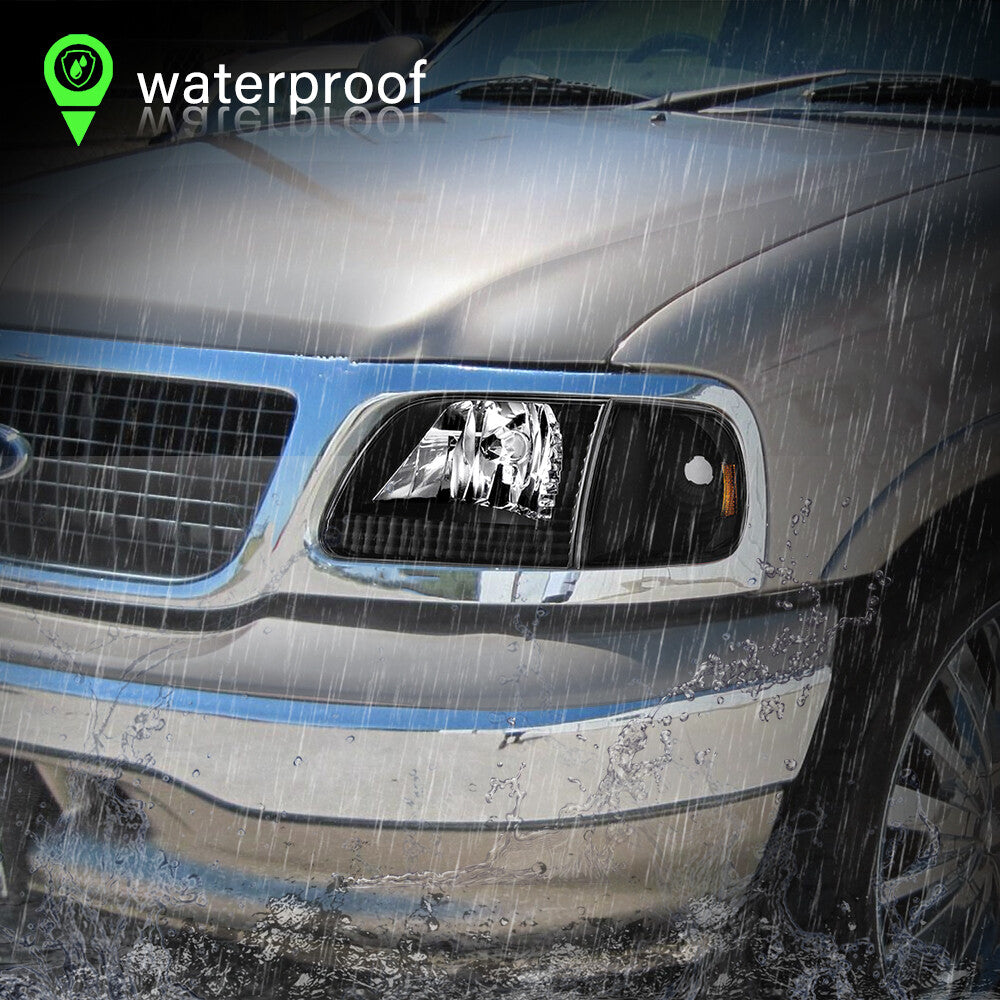 For 1997-2003 Ford F150 97-02 Expedition Black Housing Amber Headlights Assembly